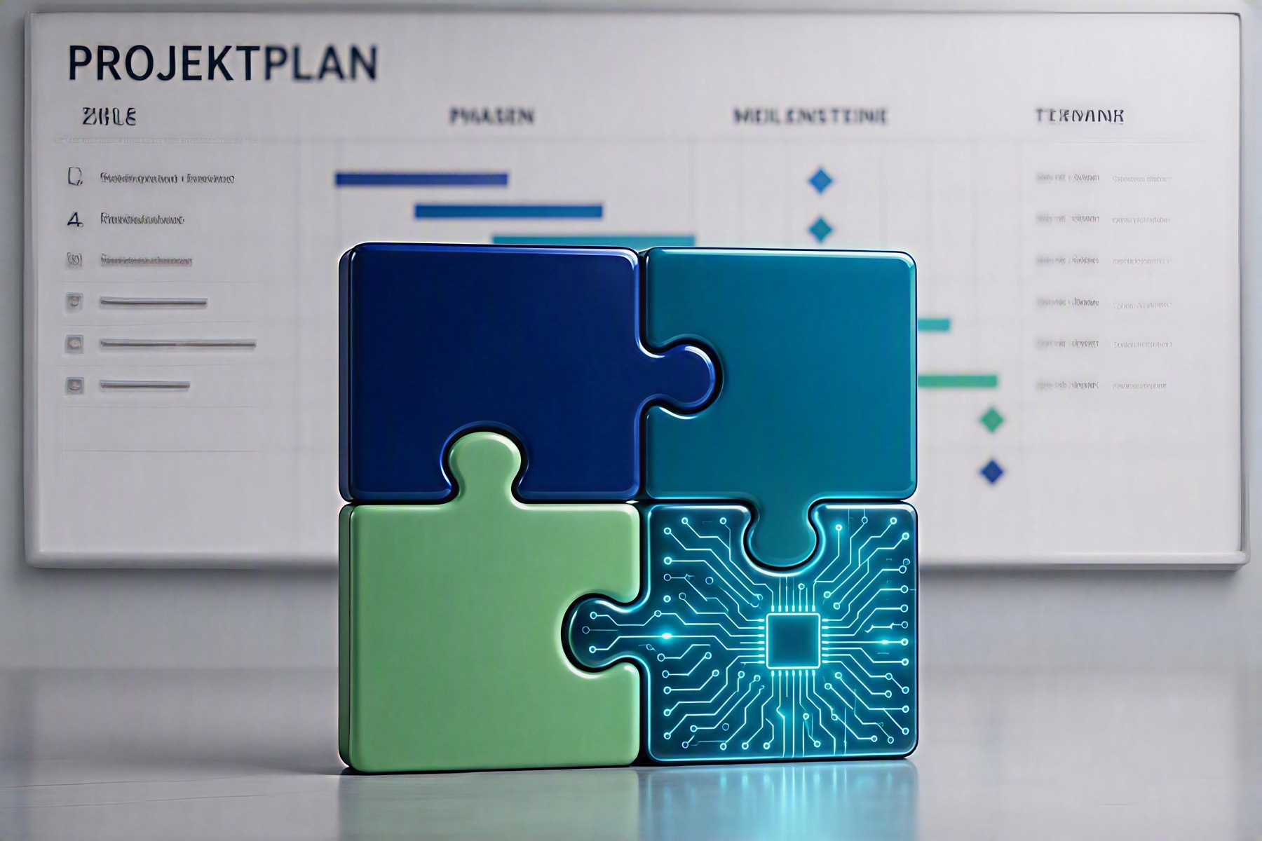 Projektplan mit ineinandergreifenden Puzzleteilen als Sinnbild für abgestimmte Abläufe