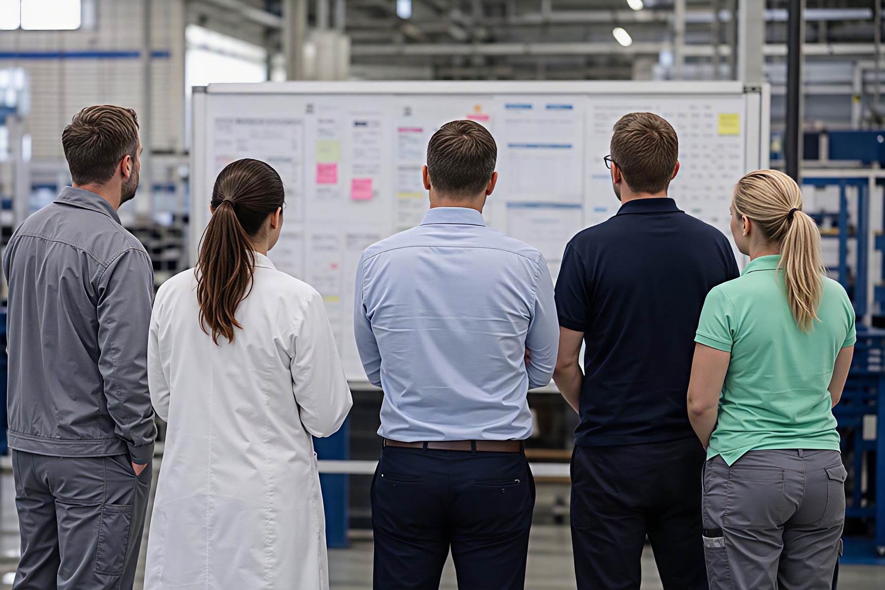 Team bespricht Kennzahlen an einem Shopfloor-Board in der Fertigung